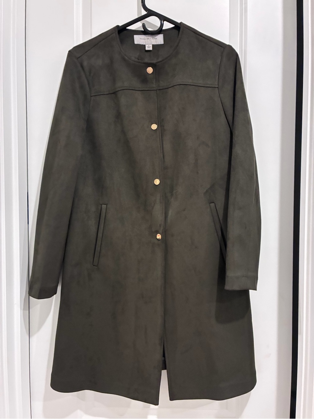 Marc New York Olive Green Faux Suede Collarless Coat Jacket Gold Button S